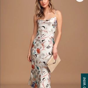 Lulus Cream Multi Floral Print Satin Slip Midi Dress